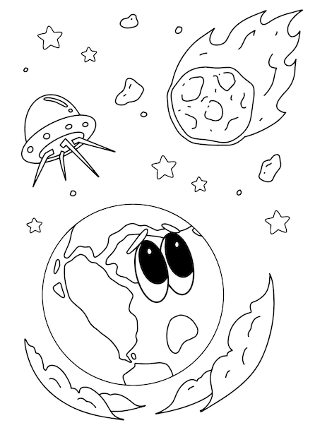 Premium vector children coloring book page earth space and universe