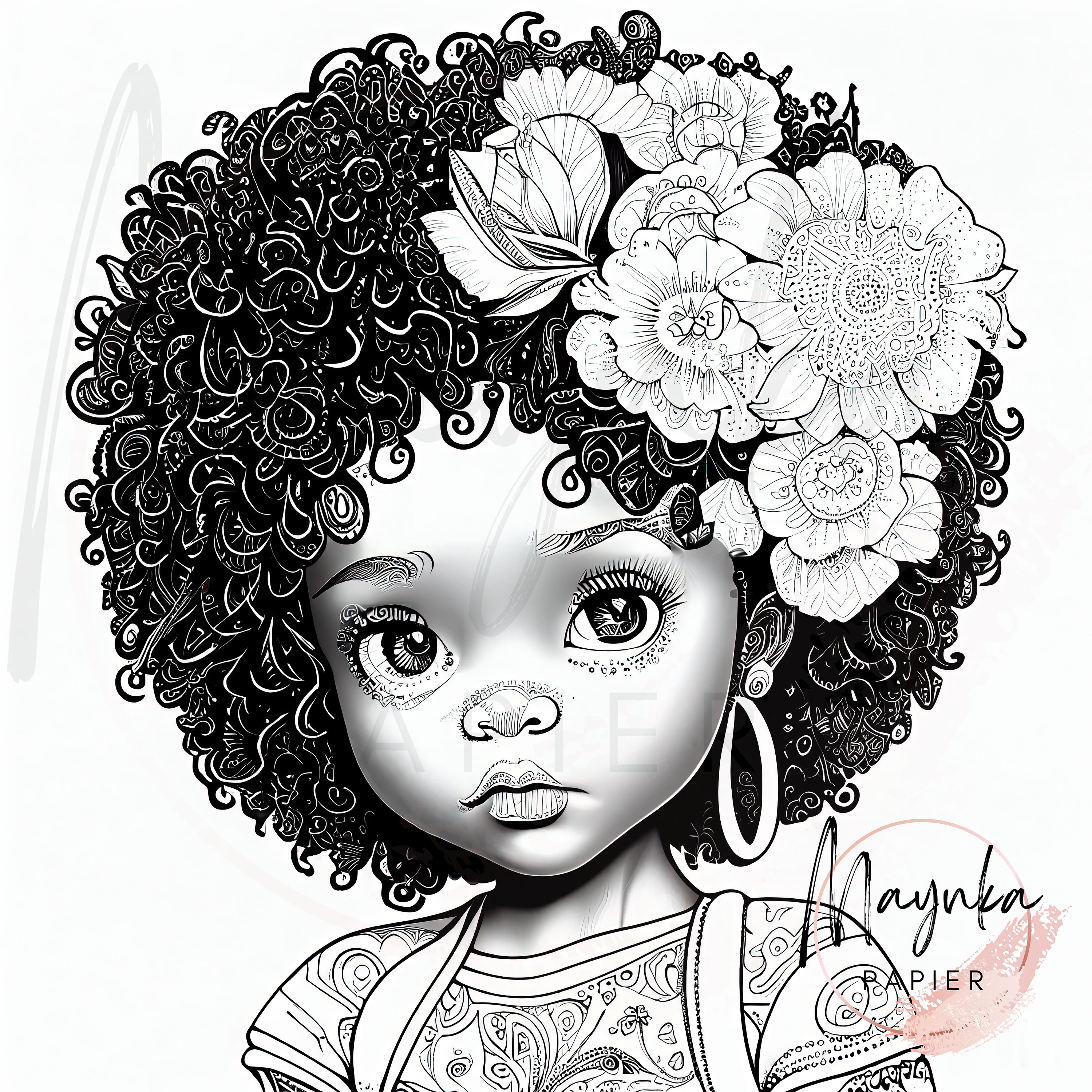 Printable coloring page beautiful black little girl download illustration african american gray scale afro detailed face coloring page jpg instant download