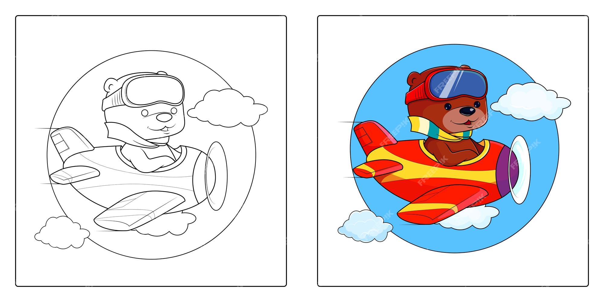 Premium vector cute bear flying with airplane cartoon coloring page
