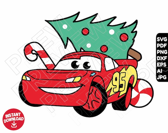 Cars christmas svg png dxf clipart lightning mcqueen christmas car tree cut file layered by color
