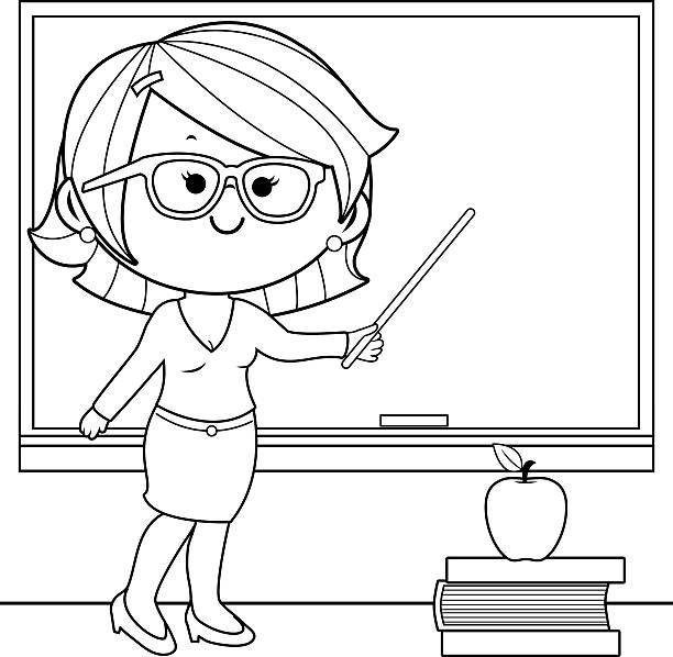 Teacher teaching at class coloring book page stock illustration