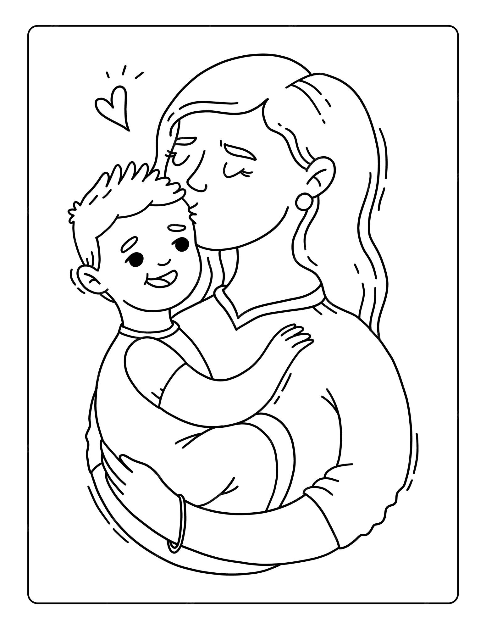 Pãginas para colorear del dãa de la madre para niãos con una linda hoja de trabajo de actividad en blanco y negro para mamã e hijo vector premium