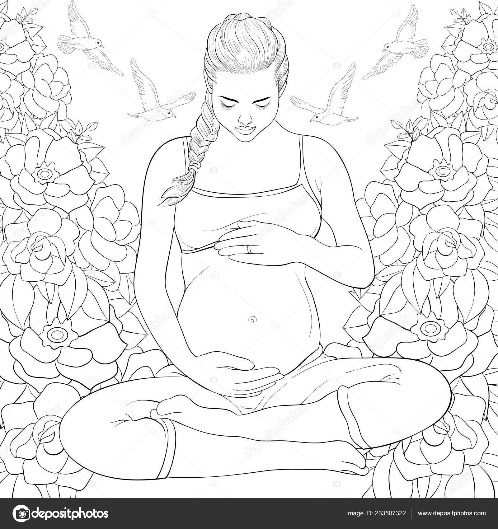 Una linda mujer embarazada fondo con flores pãjaros imagen para vector de stock por nonuzza