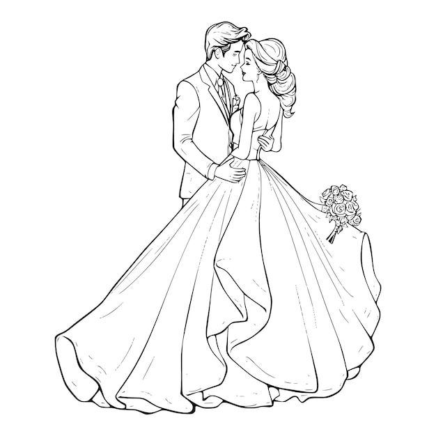 Pãgina para colorear de la novia y el novio para niãos vector premium
