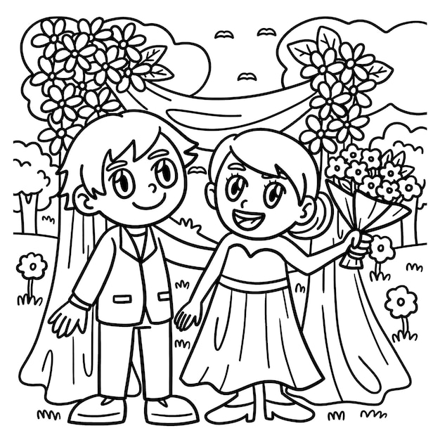 Novio de boda y novia pãgina para colorear para niãos vector premium