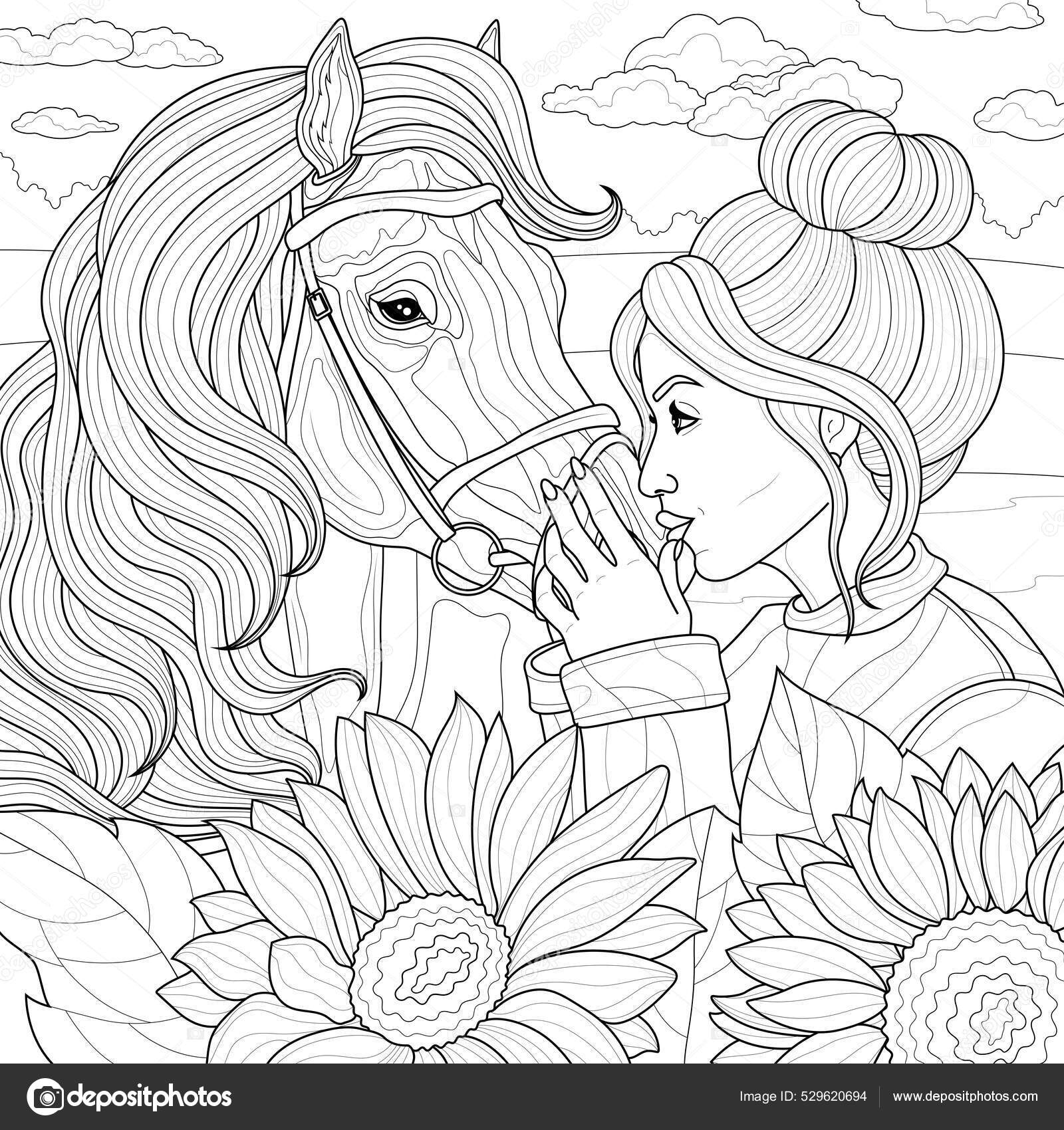 Girl horse coloring book antistress children adults illustration isolated white stock vector by vlasenkoekaterinkagmail