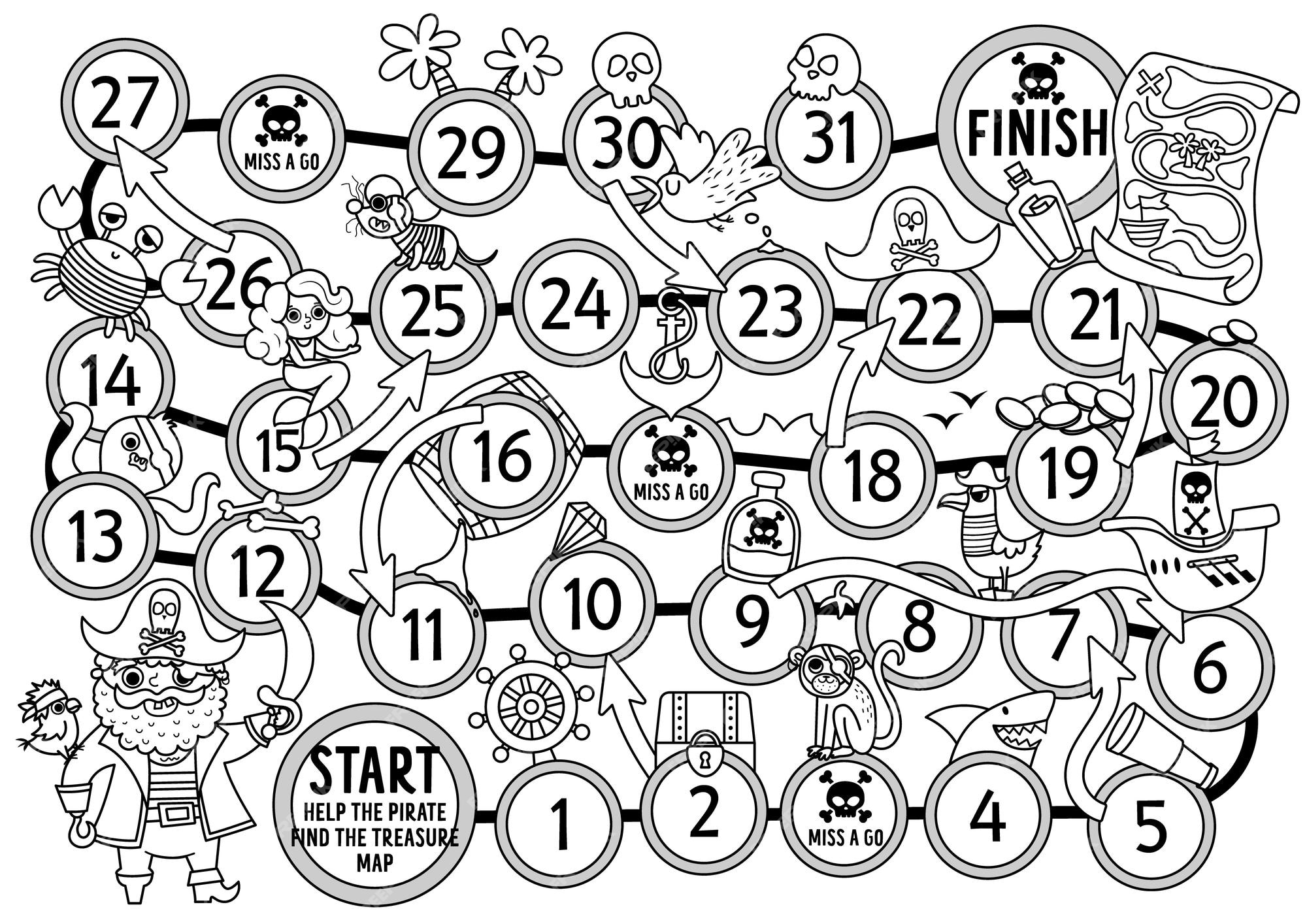 Premium vector pirate black and white dice board game for children with cute pirate treasure hunt line boardgame with animals ship sea adventures printable coloring page help the pirate find the