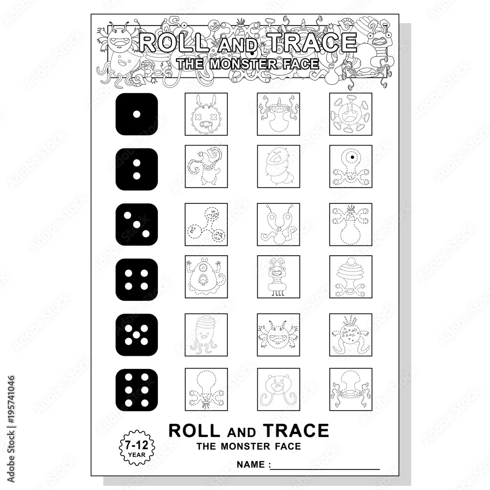 Roll and trace with monsters childrens dice game template design vector coloring book page illustration vector