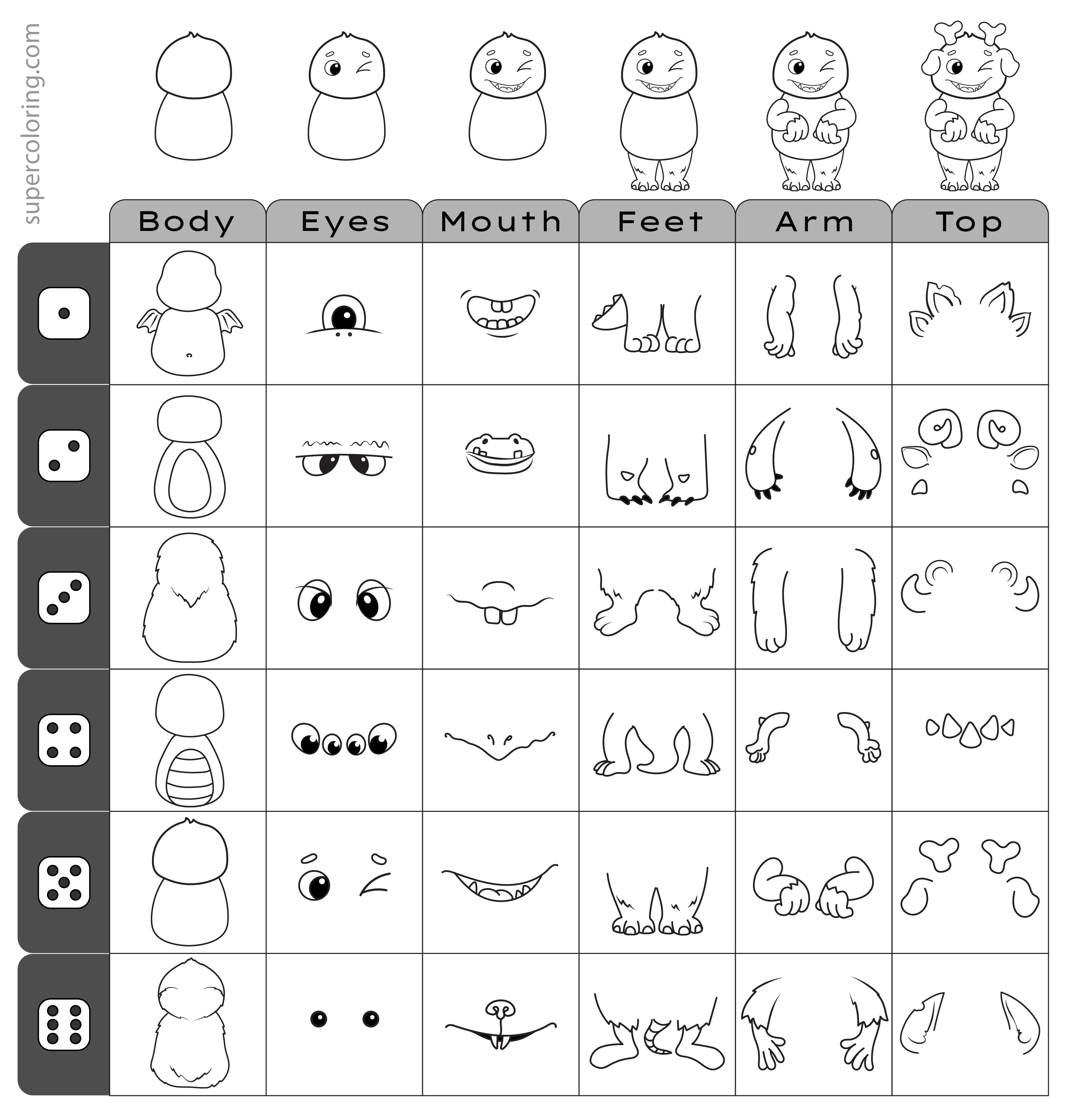 Roll die and draw a simple monster worksheet free printable puzzle games