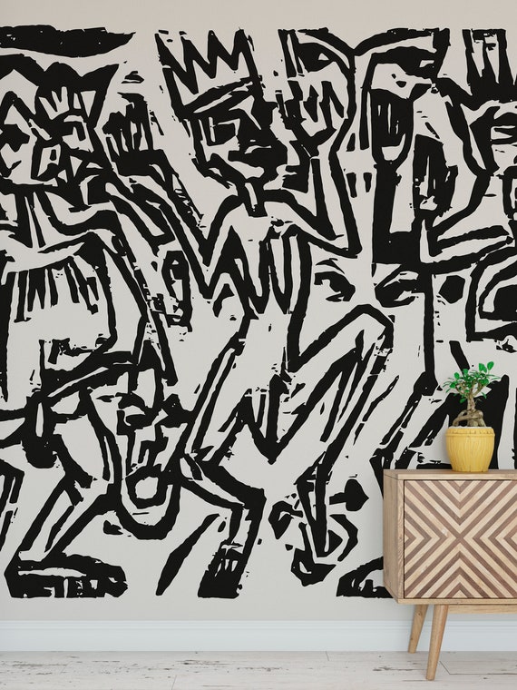 Black and white wallpaper art die irren iii artwork print wall mural by ernst ludwig kirchner boho peel and stick wallpaper