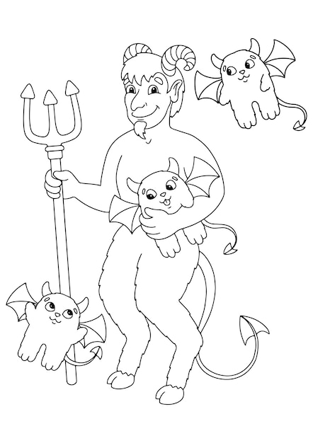 Premium vector the devil with a pitchfork catches cute devils coloring book page for kids