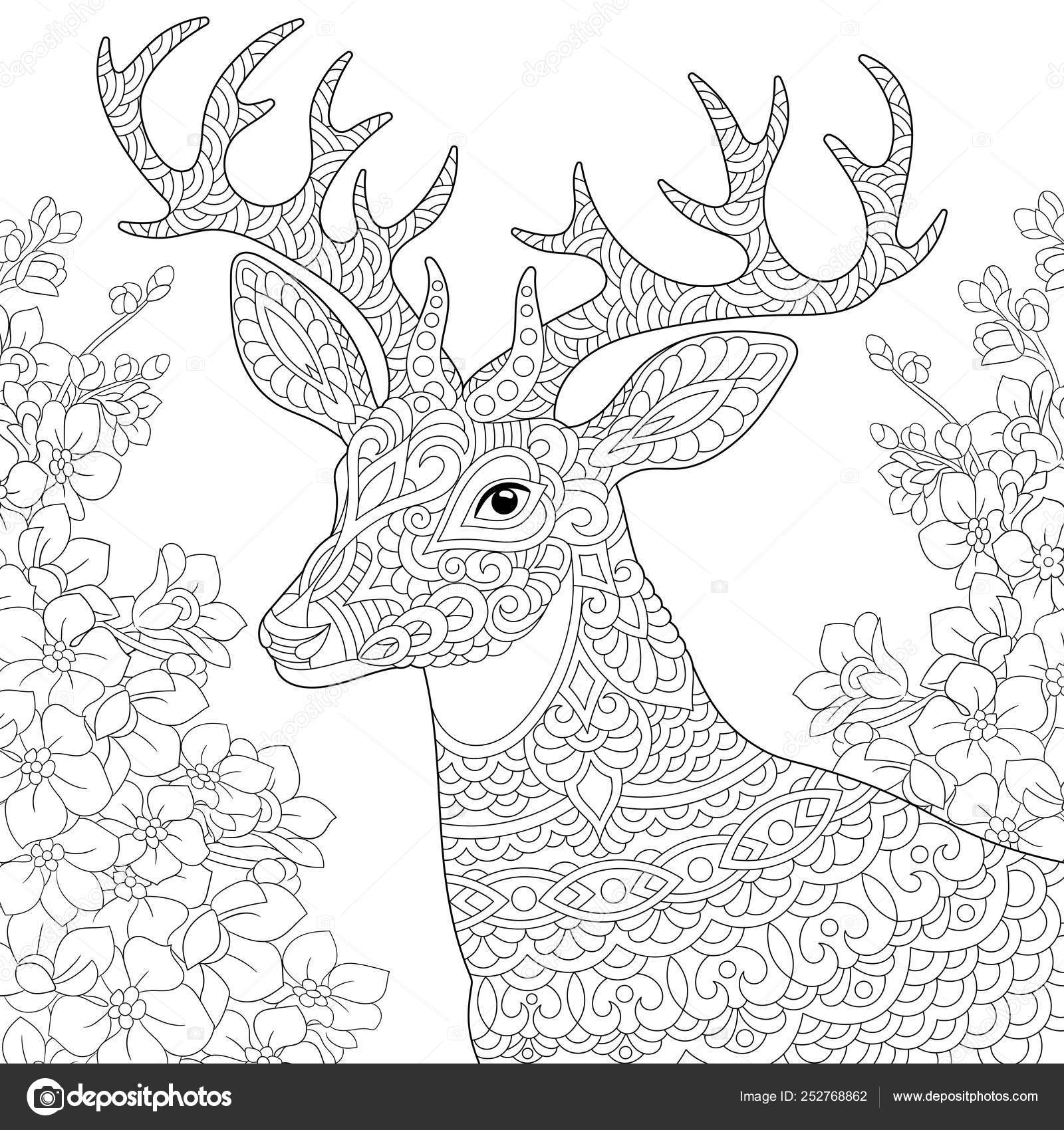 Pãgina para colorear reno de venado zentangle vector de stock por sybirko