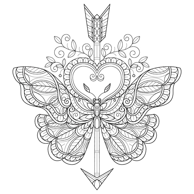 Premium vector arrow and heart butterfly hand drawn for adult coloring book