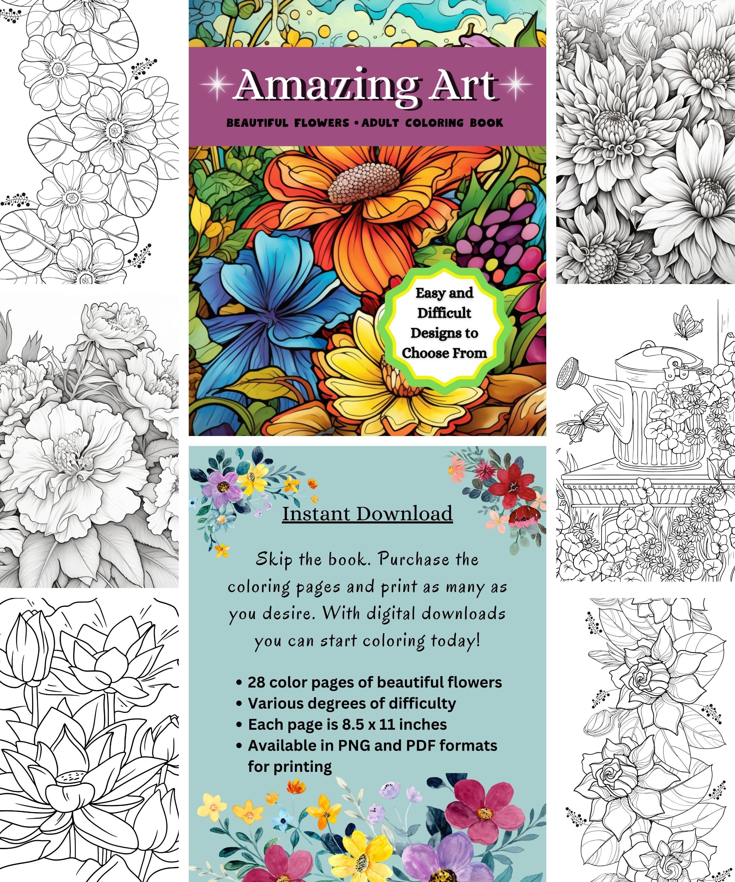Instant download coloring pages amazing art beautiful flowers various designs easy to challenging x size