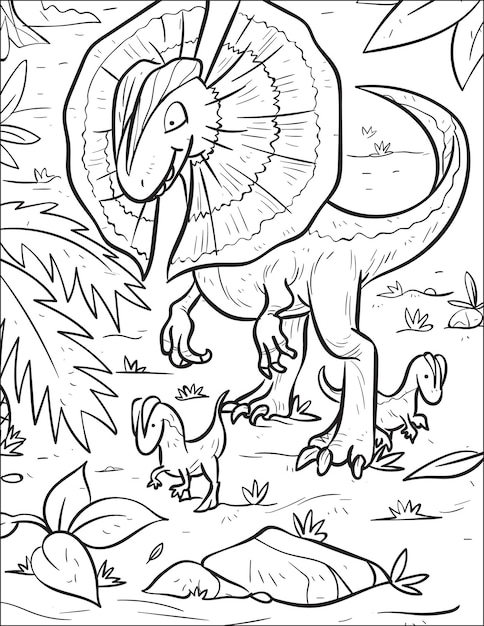 Premium vector prehistoric predatory dinosaur dilophosaurus coloring book and coloring page with funny illustration