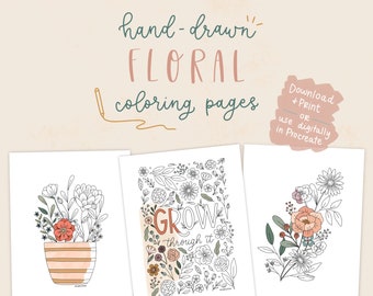 Floral coloring pages set of hand drawn coloring pages printable or digital use botanical illustrated grow through it coloringbook