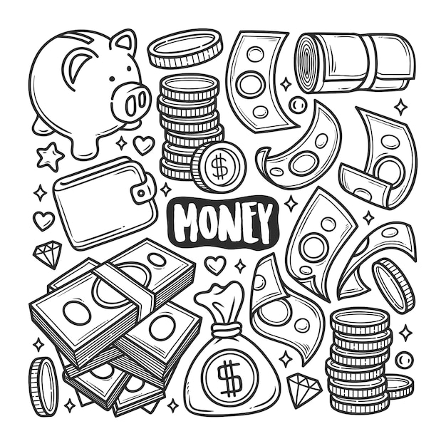 Premium vector money icons hand drawn doodle coloring