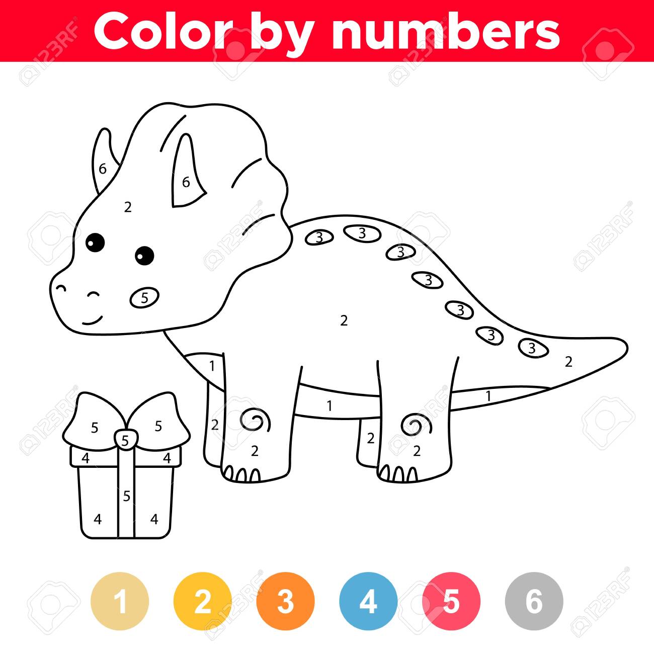 Coloring page by numbers educational game for preschool kids cute kawaii dinosaur triceratops with gift box birthday theme royalty free svg cliparts vectors and stock illustration image