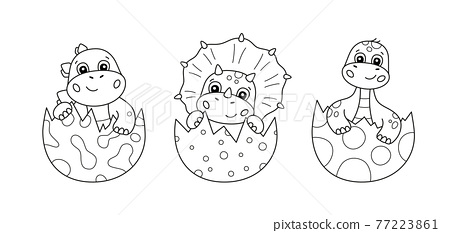Cute little dinosaurs hatches from an eggs set