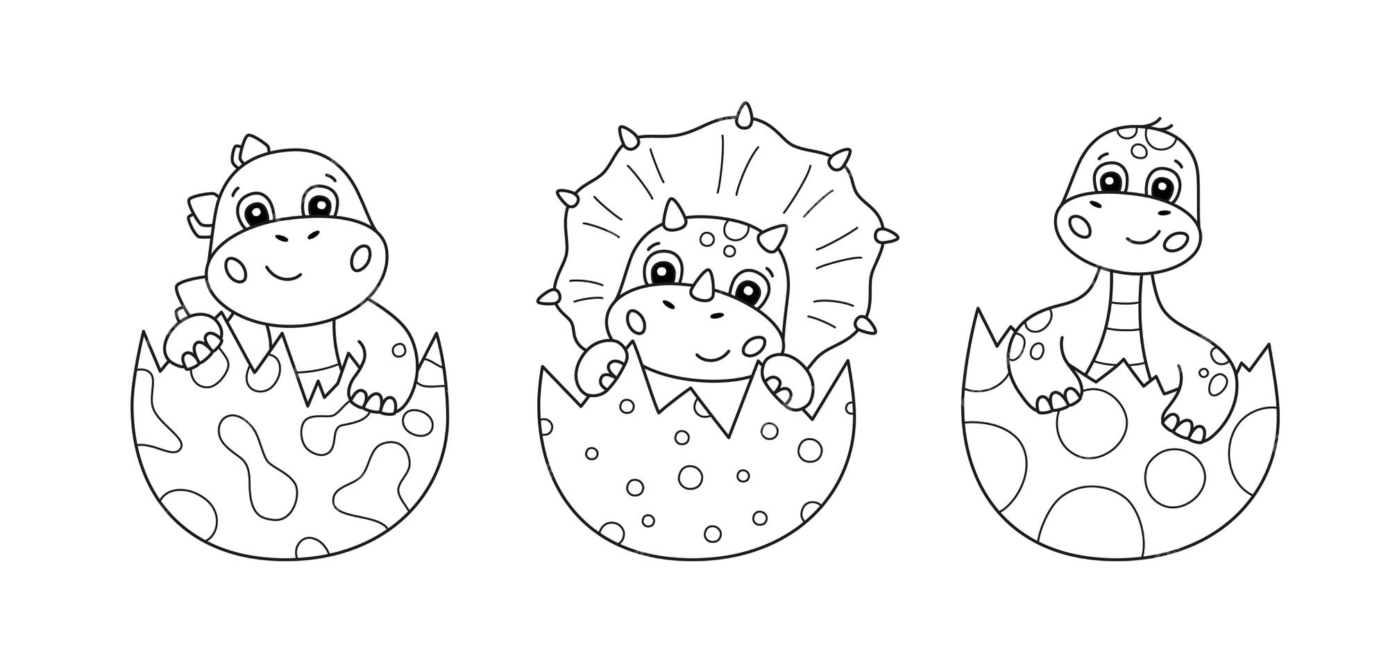 Premium vector cute little dinosaurs hatches from eggs set of dino for kid coloring bookblack and white cartoon isolated illustration