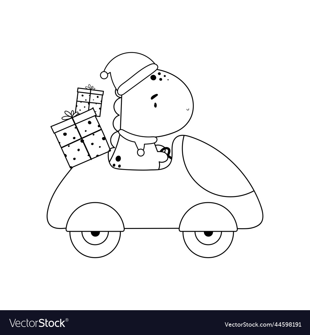 Christmas coloring page with cute dinosaur vector image