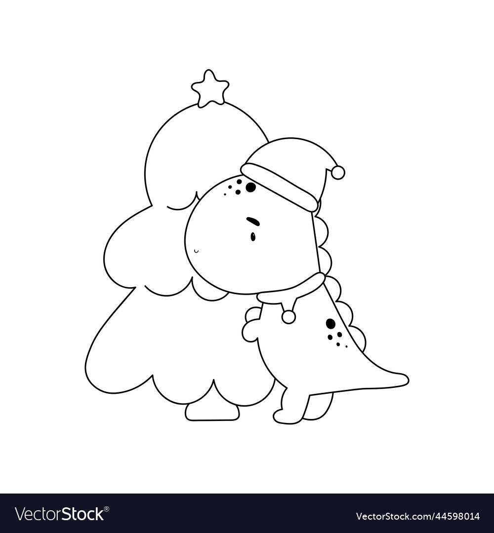 Christmas coloring page with cute dinosaur vector image