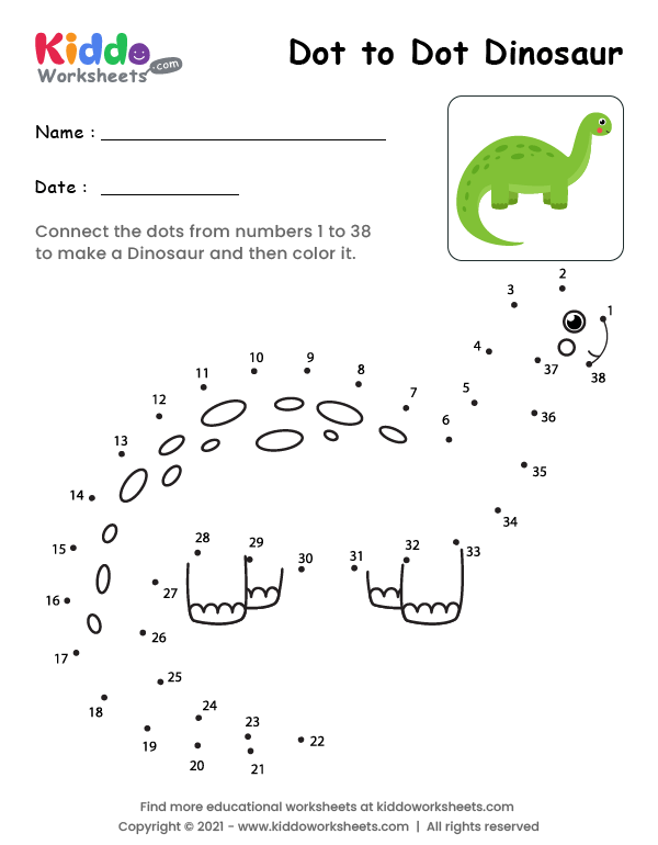 Free printable dot to dot dinosaur worksheet