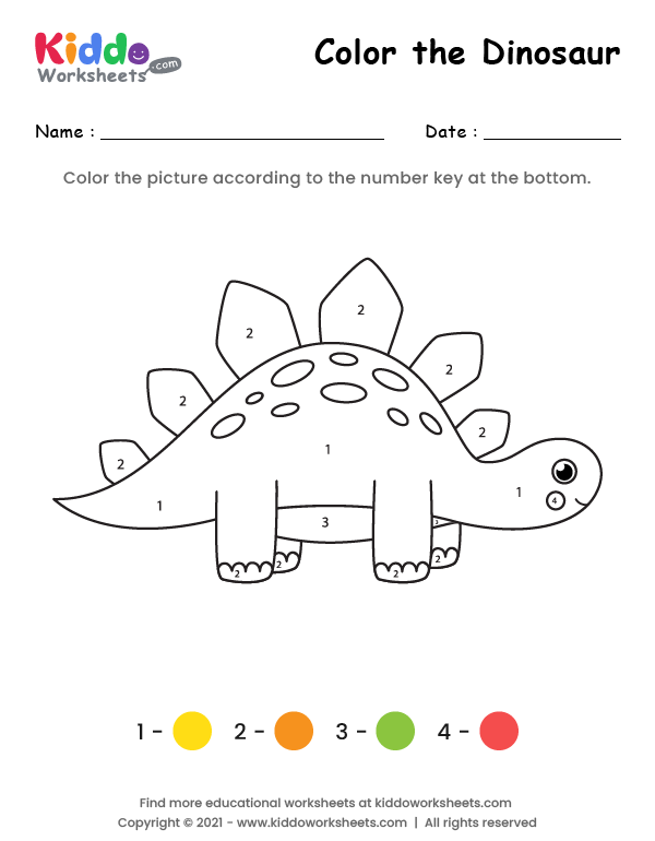 Free printable color the dinosaur worksheet