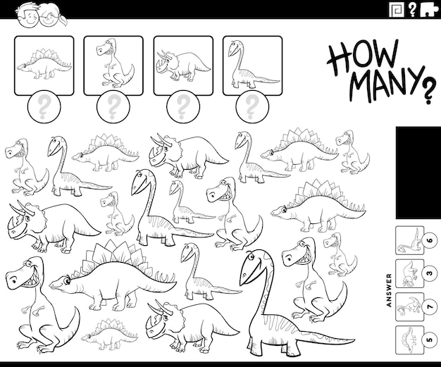 Premium vector how many cartoon dinosaurs counting game coloring page
