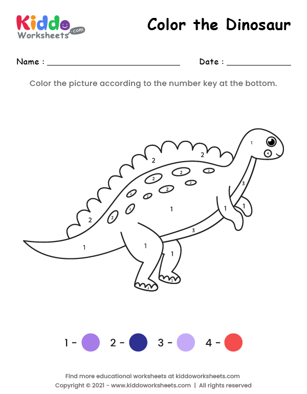 Free printable color the dinosaur worksheet