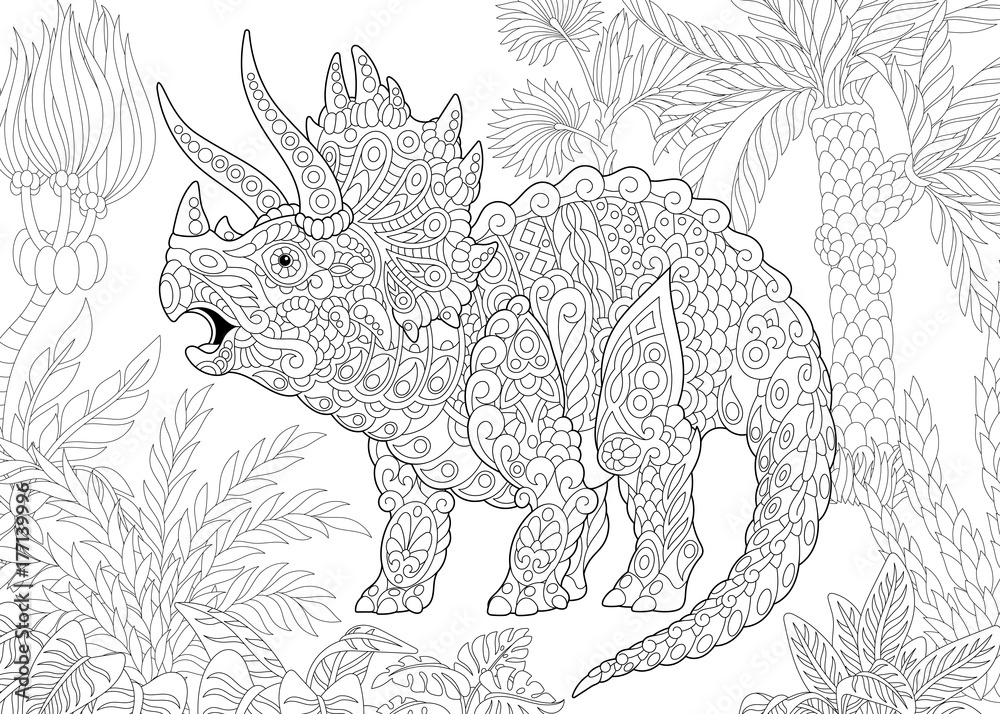 Coloring page of triceratops dinosaur living at the end of the cretaceous period freehand sketch drawing for adult antistress coloring book in zentangle style vector