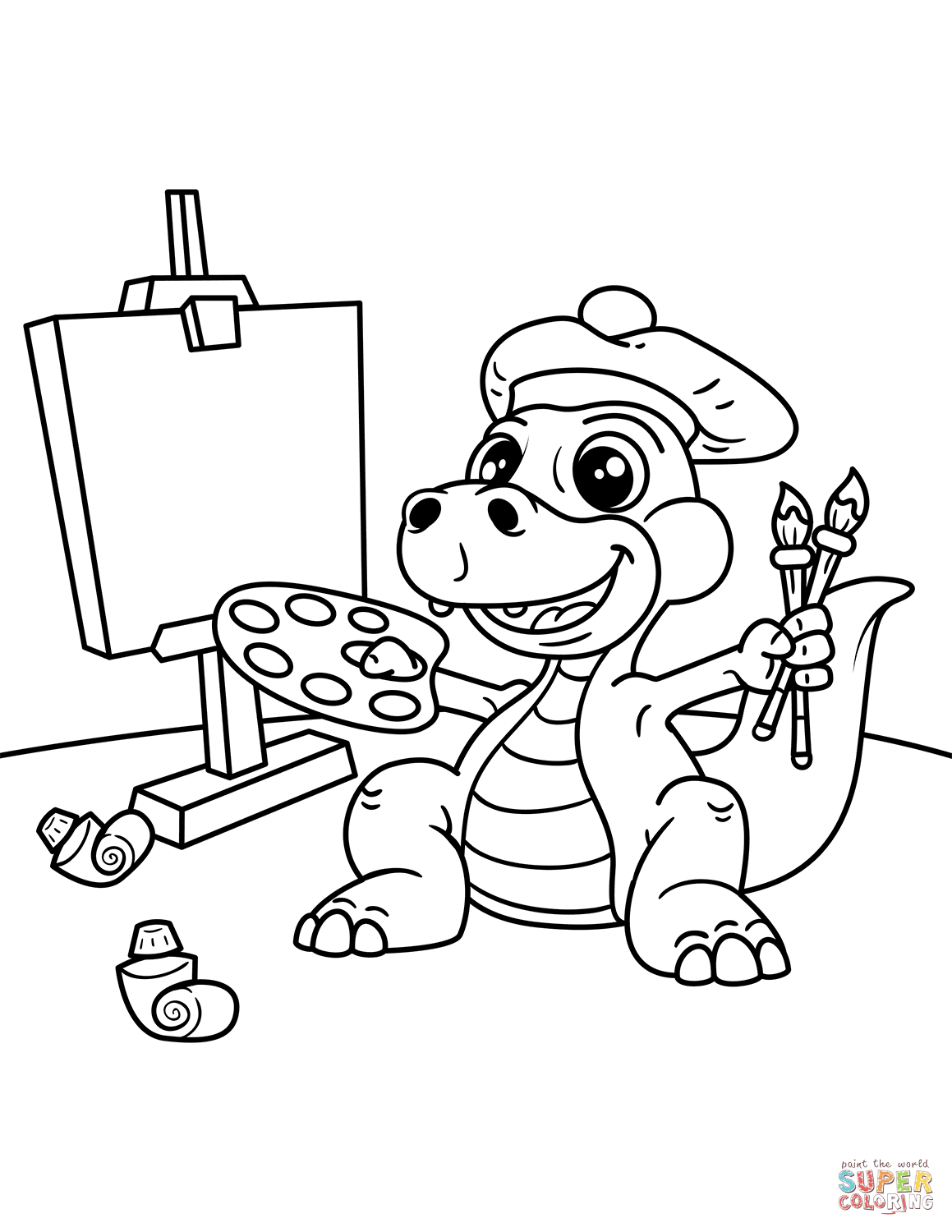 Cute dinosaur artist with easel brush and palette of colors coloring page free printable coloring pages