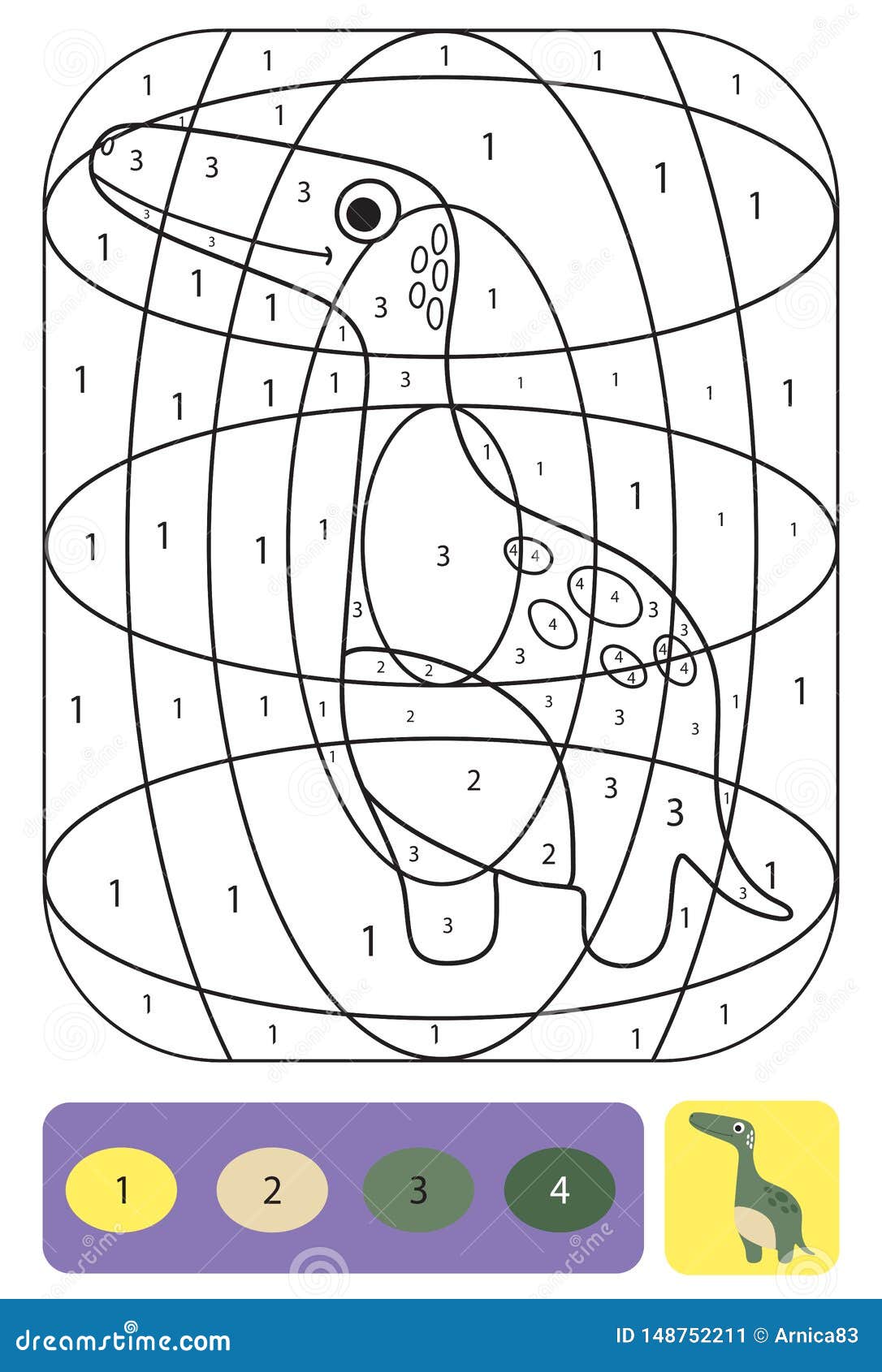 Cute dino coloring page for kids coloring puzzle with numbers of color stock vector