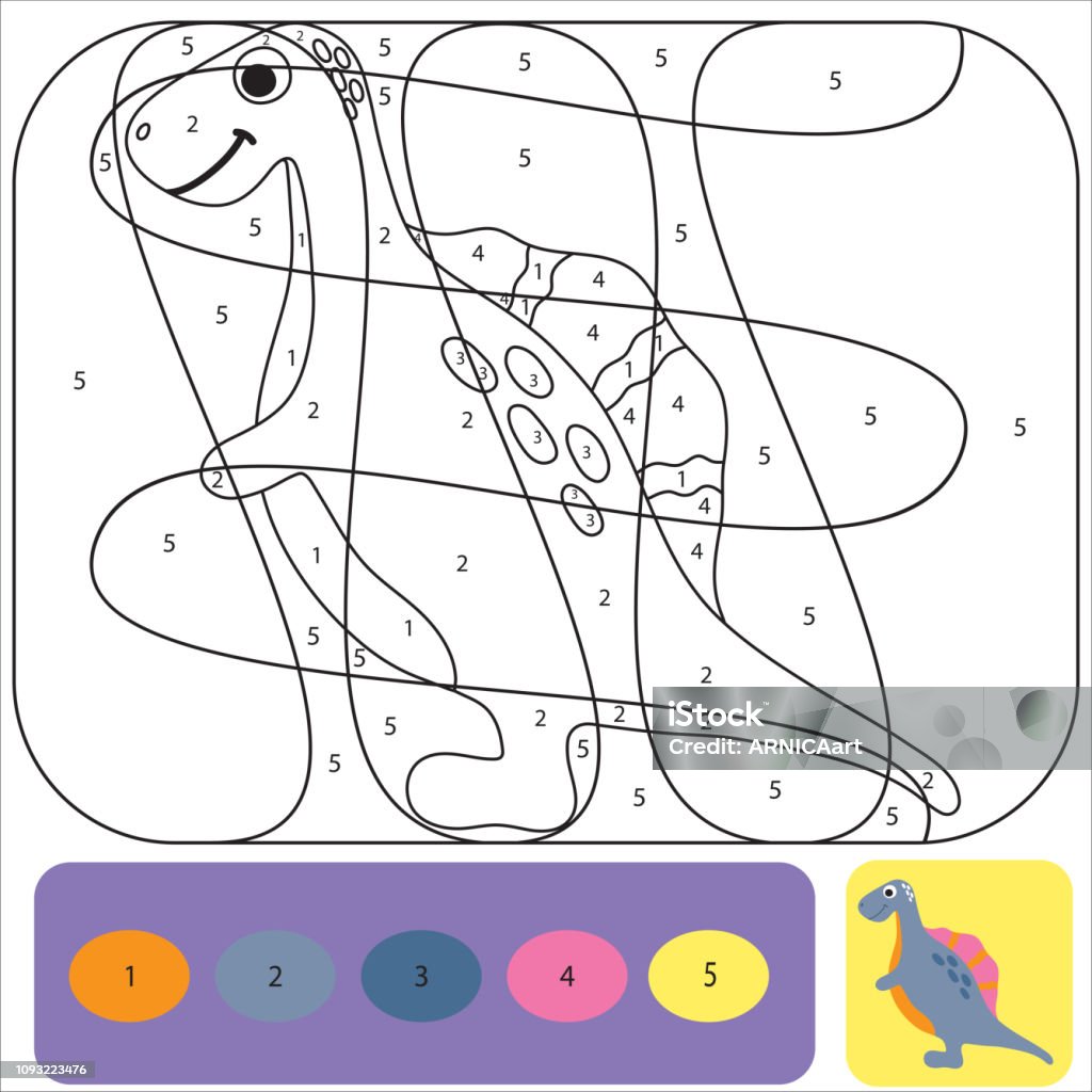 Cute dino coloring page for kids printable design coloring book coloring puzzle with numbers of color stock illustration