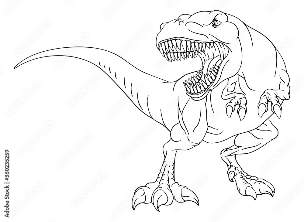 A dinosaur t rex tyrannosaurus black and white outline cartoon like a kids coloring book page vector