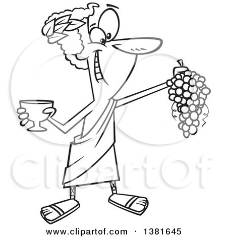 Clipart of a cartoon black and white greek god dionysus holding a bunch of grapes and a goblet