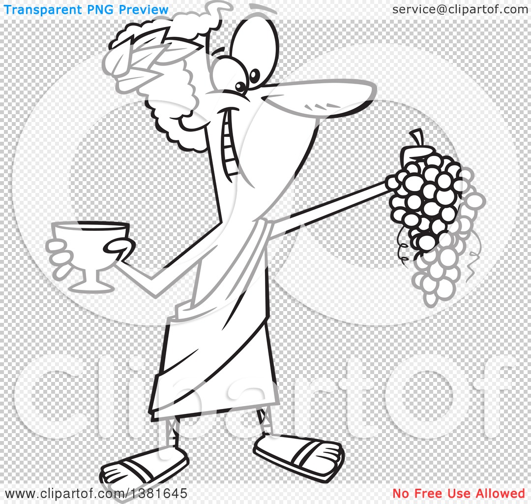 Clipart of a cartoon black and white greek god dionysus holding a bunch of grapes and a goblet