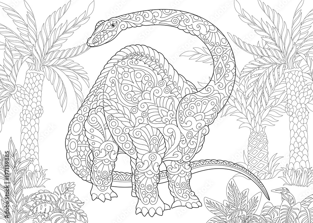 Coloring page of brontosaurus dinosaur brachiosaurus diplodocus of the late jurassic period freehand sketch drawing for adult antistress coloring book in zentangle style vector