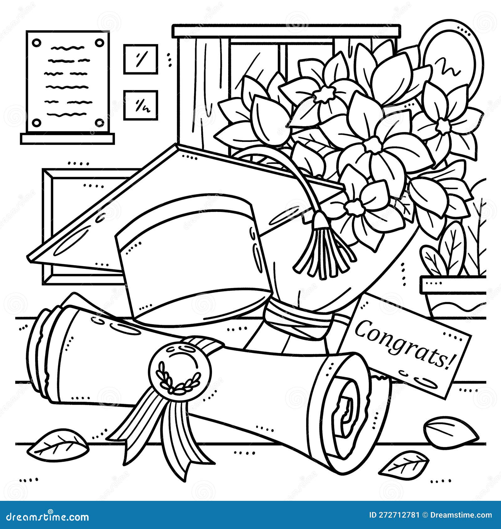Graduation cap bouquet and diploma coloring page stock vector