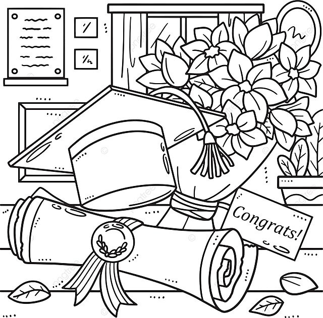 Graduation capbouquet and diploma coloring page graphic celebration colouring page vector graphic celebration colouring page png and vector with transparent background for free download