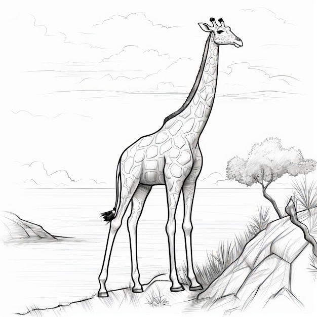 Premium ai image giraffe coloring pages these pages feature realistic portrayals of giraffes in isolated landscapes with a focus on capturing light and shadow the illustrations are reminiscent of storybook illustra