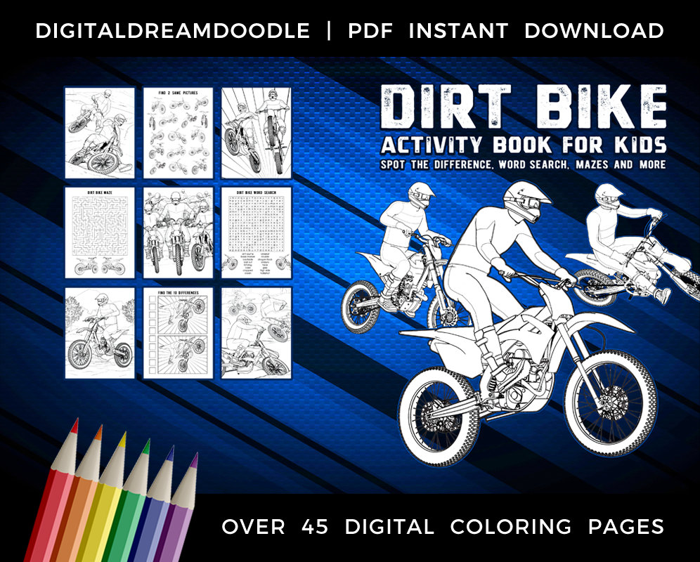 Dirt bike coloring and activity book dirt biking coloring book trail motorcycle activity pages motorcross coloring page digital download