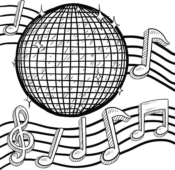 Disco ball with music notes sketch stock illustration