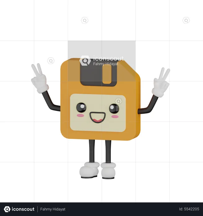 Cute victory floppy disk character d illustration download in png obj or blend format
