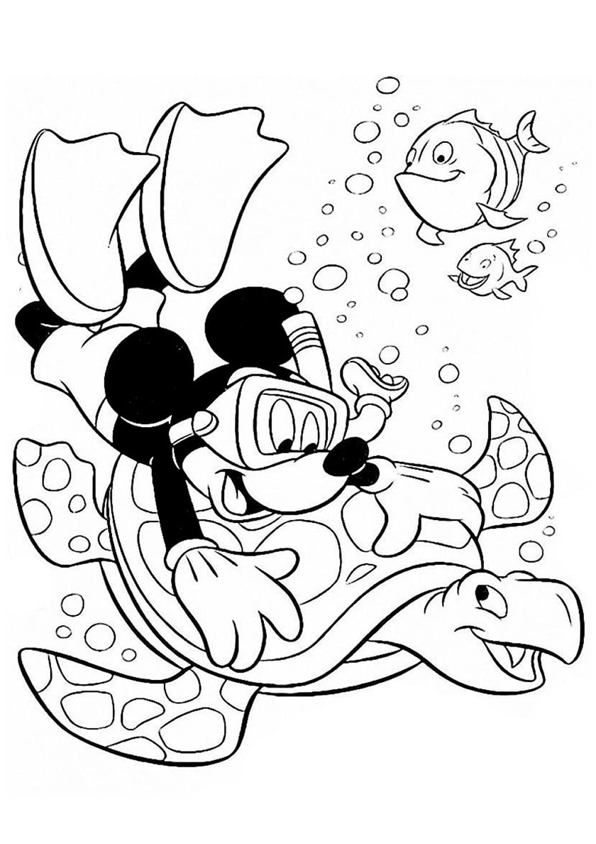A mickey mouse dives with a sea turtle coloring page