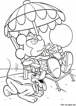Print out mickey mouse and pluto on beach coloring in pages