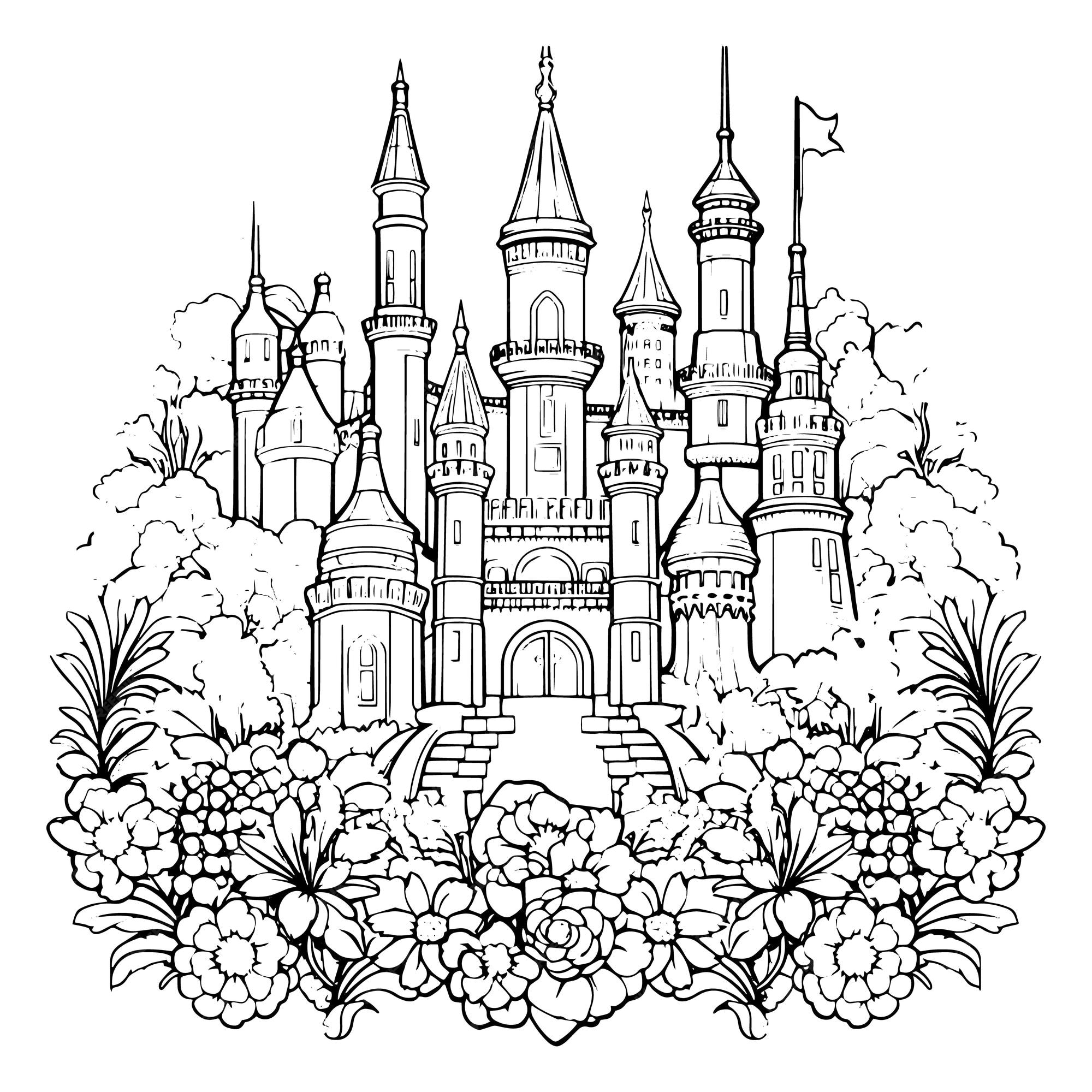 Premium vector coloring book illustration fantasy castle kawaii coloring page