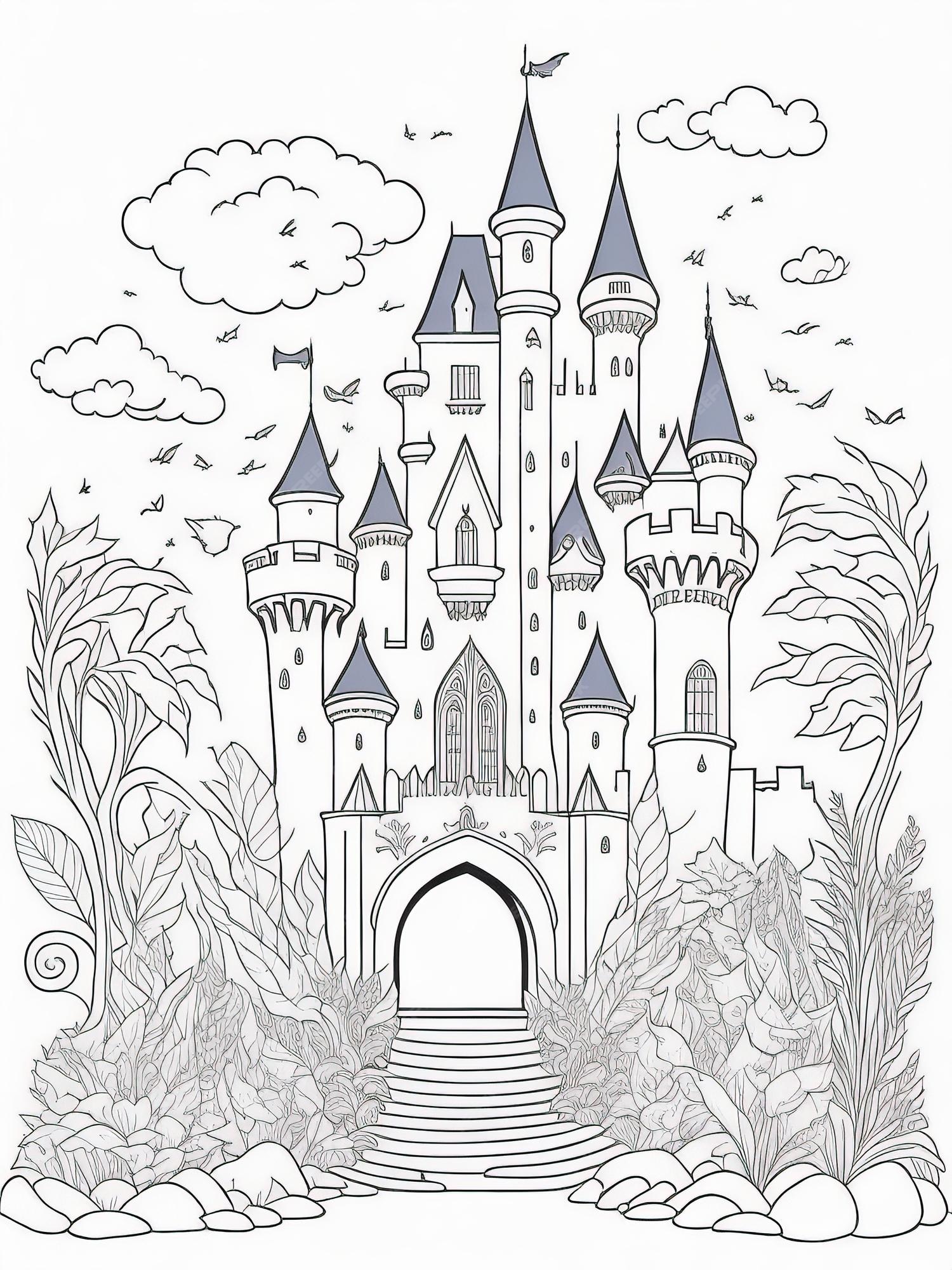 Premium vector explore fairyland printable fairy tale castle coloring sheet