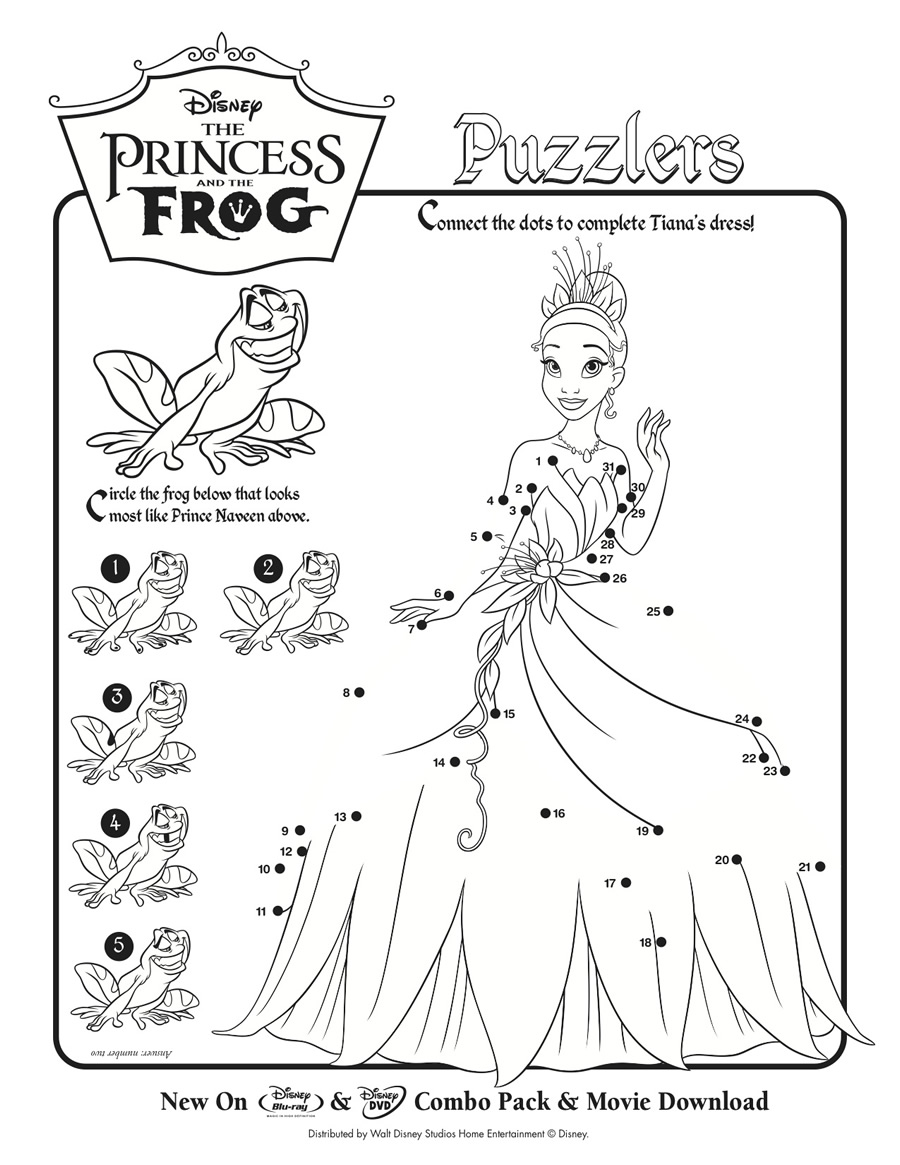 Princess and the frog tiana dot to dot â printables for kids â free word search puzzles coloring pages and other activities