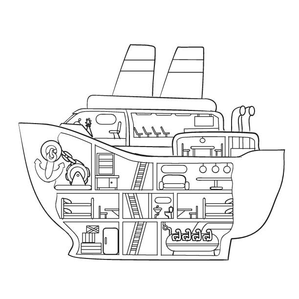 Sketch cruise ship inside coloring book caricature isolated object on a white background vector stock illustration